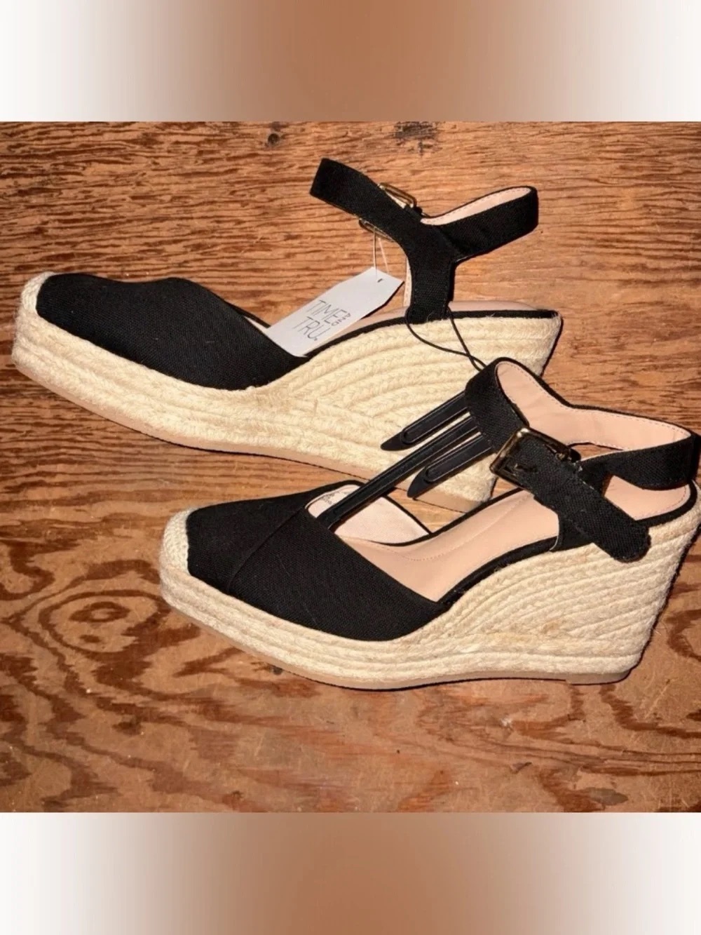 Time and Tru Black Espadrille Wedge Sandals with Ankle Strap